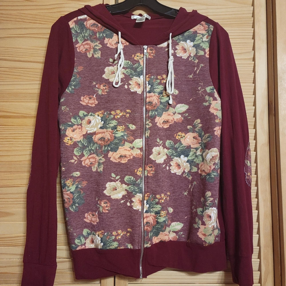 Bozzolo Top‎ Longsleeve full zip hoodie women size Small Floral Burgandy